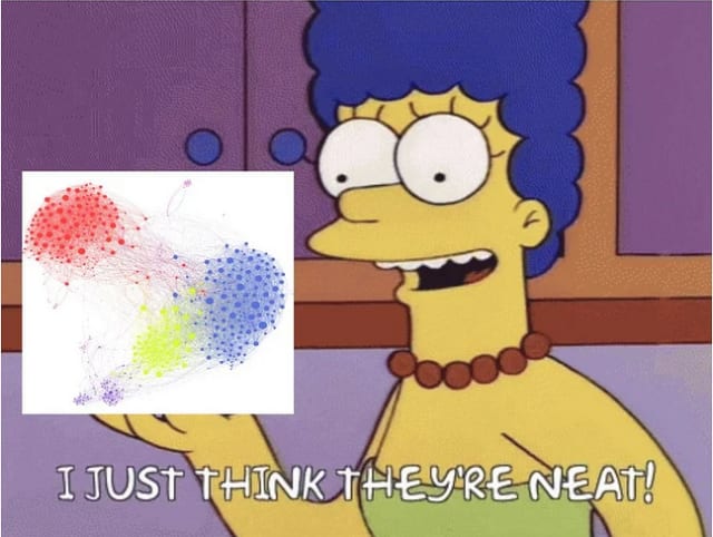 Marge Simpson from the cartoon The Simpsons with a overlayed network graph and the caption "I just think they're neat!"