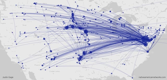 A origin-destination map with lines representing letters being sent between various locations in the USA.