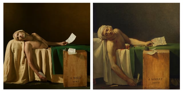 A side-by-side comparison of the album cover from Andrew Bird and the painting it's mimicking. It shows the artist/subject in a bathtub, holding some paper and a quill, apparently dead.