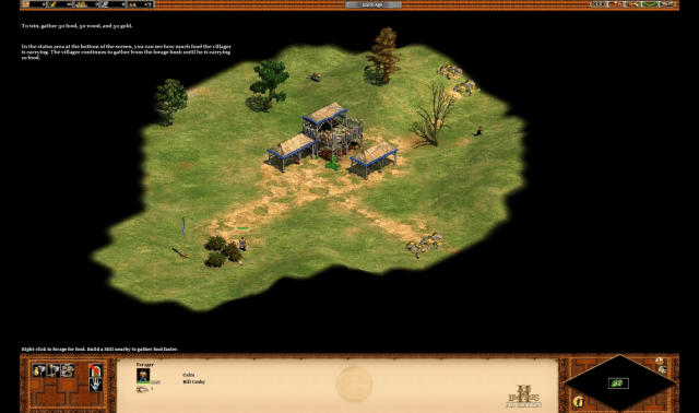 A screenshot from the game Age of Empires. Shows a building in the middle of a green patch of land surrounded by black nothingness.