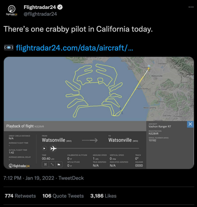 A screenshot of a Tweet that shows a flight above an ocean where the plane has traced the path of a crab